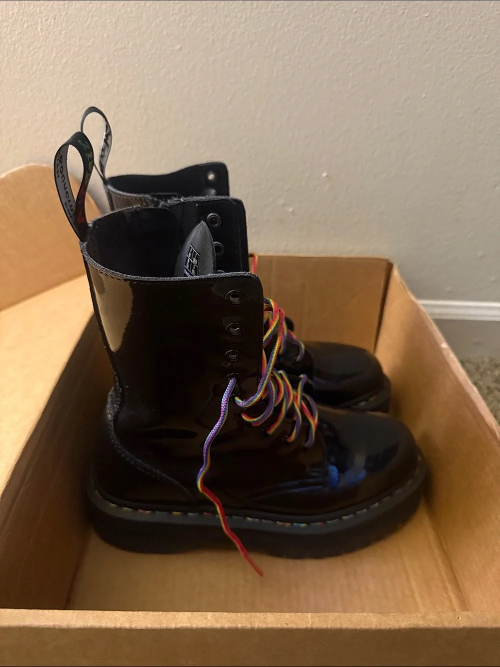 Unisex Dr. Martens Jadon HI Rainbow Patent Platform Boots with Iridescent